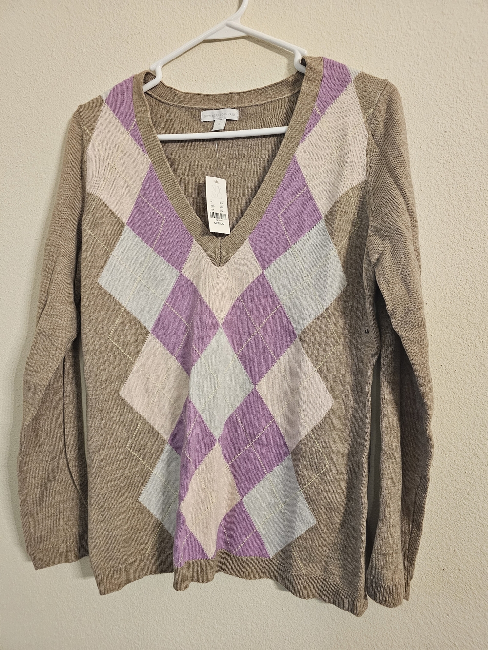 New York & Company Taupe V-Neck Sweater with Lavender and Light Blue Argyle